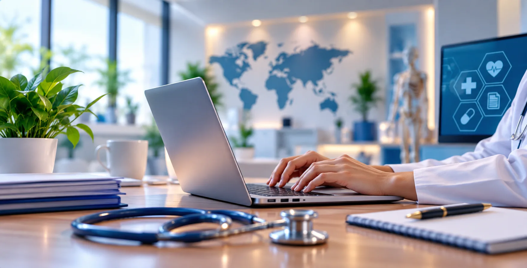 Healthcare professional working on medical coding software in a modern office